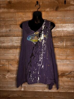 Odile 100% linen rare fish painted Blue Paint-Splatter Tunic top boho beach